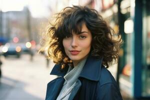 a woman with curly hair standing on a city street generative ai photo