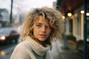 a woman with curly hair standing on a street generative ai photo