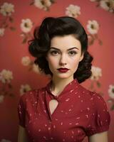 un mujer con oscuro pelo y rojo lápiz labial posando en frente de un floral fondo de pantalla generativo ai foto