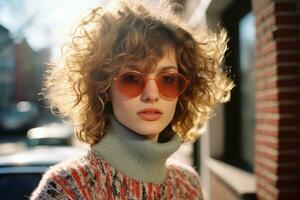 a woman with curly hair wearing sunglasses generative ai photo