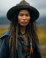 a woman with dreadlocks and a hat standing in front of a field generative ai photo