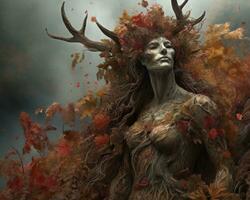 a woman with deer antlers and leaves on her head generative ai photo
