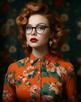 a woman with glasses and red lipstick posing in front of a floral background generative ai photo