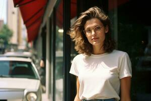 a woman with glasses and a white t - shirt standing in front of a car generative ai photo