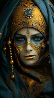 un mujer con oro y azul maquillaje en su cara generativo ai foto
