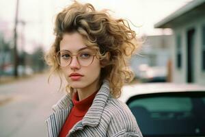 a woman with glasses and curly hair standing in front of a car generative ai photo