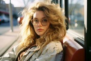 a woman with glasses sitting on a bus generative ai photo