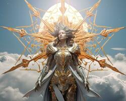 a woman with golden armor standing in front of clouds generative ai photo