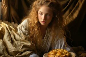 a woman with long blonde hair is sitting on a bed with a plate of food in front of her generative ai photo