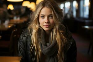 a woman with long blonde hair sitting at a table in a restaurant generative ai photo