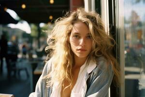 a woman with long blonde hair sitting at a table generative ai photo