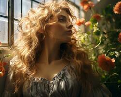 a woman with long blonde hair sitting in front of a window generative ai photo