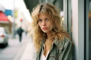 a woman with long blonde hair leaning against a wall generative ai photo