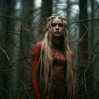 a woman with long blonde hair standing in the woods generative ai photo