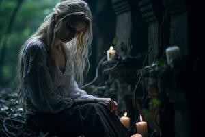 a woman with long blonde hair sitting in the woods with candles generative ai photo