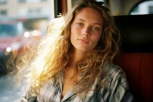 a woman with long blonde hair sitting on a bus generative ai photo