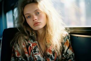 a woman with long blonde hair sitting on a bus generative ai photo
