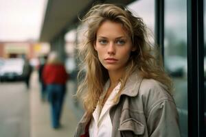 a woman with long blonde hair standing in front of a building generative ai photo