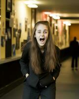 a woman with long brown hair standing in a hallway generative ai photo