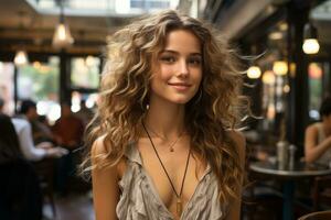 a woman with long curly hair sitting at a table generative ai photo