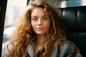 a woman with long curly hair sitting in a car generative ai photo