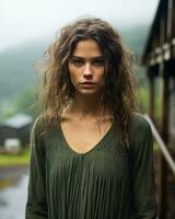 a woman with long curly hair standing in front of a barn generative ai photo