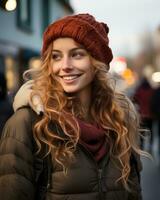 a woman with long curly hair wearing a beanie generative ai photo