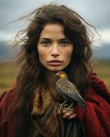 a woman with long hair and a bird on her shoulder generative ai photo