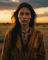 un mujer con largo pelo y un collar en el Desierto generativo ai foto