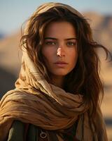 a woman with long hair and a scarf in the desert generative ai photo