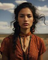 a woman with long hair and earrings in the desert generative ai photo