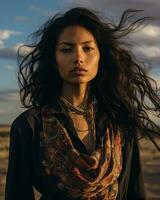 a woman with long hair and a scarf in the desert generative ai photo