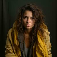 a woman with long hair and a yellow jacket sitting in front of a black background generative ai photo