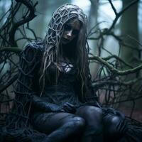 a woman with long hair and makeup sitting in the woods generative ai photo