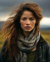 a woman with long hair standing in a field generative ai photo