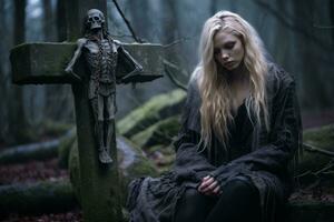 a woman with long hair sitting on a grave in the woods generative ai photo