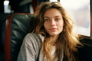 a woman with long hair sitting on a bus generative ai photo