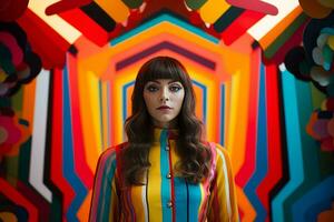 a woman with long hair standing in front of a colorful wall generative ai photo