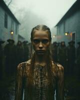 a woman with long hair standing in front of a group of people generative ai photo