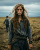a woman with long hair standing in the middle of a field generative ai photo