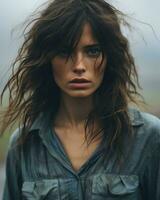 a woman with long hair standing in the rain generative ai photo