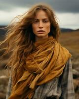 a woman with long hair wearing a yellow scarf generative ai photo