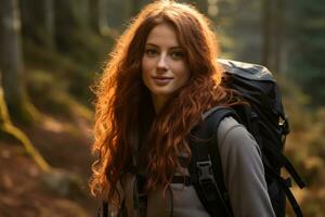 a woman with long red hair and a backpack in the woods generative ai photo
