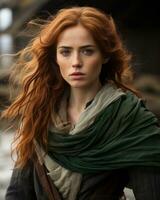 a woman with long red hair and a green scarf generative ai photo