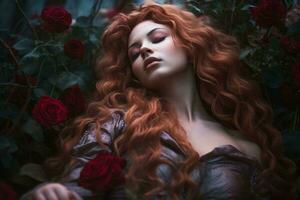 un mujer con largo rojo pelo y rojo rosas generativo ai foto