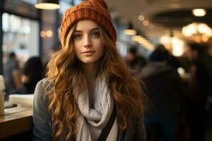 a woman with long red hair and a beanie is standing in a coffee shop generative ai photo