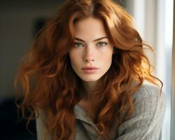 a woman with long red hair and blue eyes generative ai photo