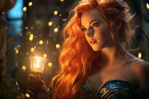 a woman with long red hair holding a candle generative ai photo