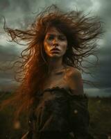 un mujer con largo rojo pelo en el viento generativo ai foto