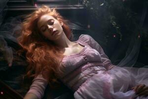 a woman with long red hair is laying on a bed generative ai photo